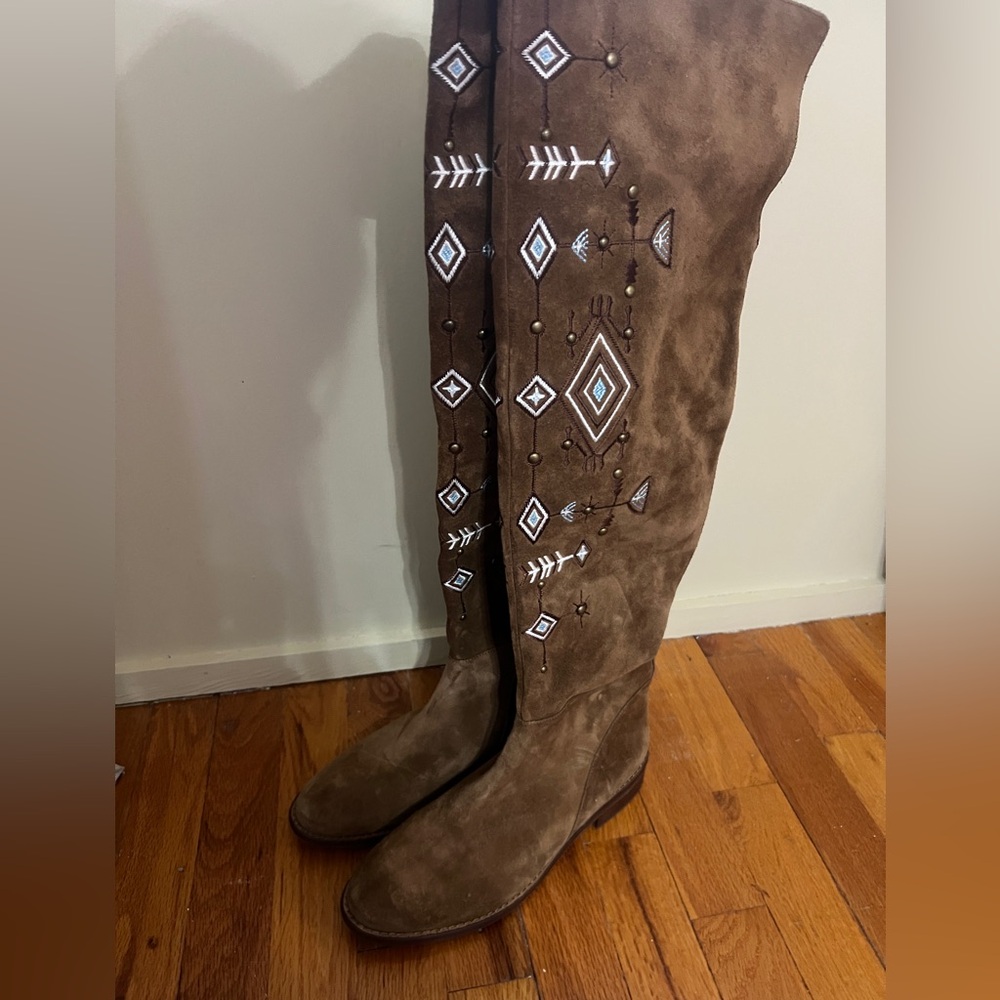 Sundance Brown Suede Southwestern Embroidered over Knee-High Boots, Sz 8.5